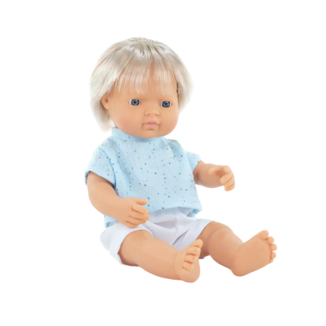 Papusa Baiat Caucazian blond cu tricoul bleu My friends & Me, 38 cm, 10 luni+, Miniland