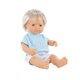 Papusa Baiat Caucazian blond cu tricoul bleu My friends & Me, 38 cm, 10 luni+, Miniland 728381