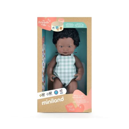 Papusa Baiat African in salopeta My Friends & Me, 38 cm, 10 luni+, Miniland 728430