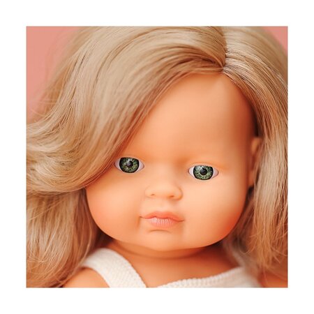 Papusa Fetita Caucazian cu rochita si parul blond inchis My Friends & Me, 38 cm, 10 luni+, Miniland 728443