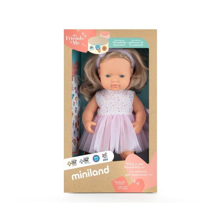 Papusa Fetita Caucazian cu rochita si parul blond inchis My Friends & Me, 38 cm, 10 luni+, Miniland 728444