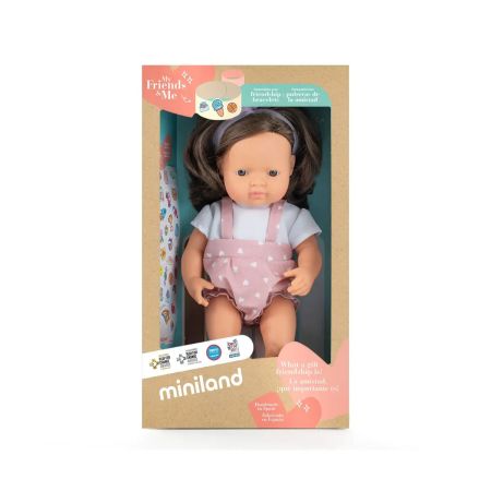 Papusa Fetita Caucaziana in salopeta roz si tricou cu parul saten My Friends & Me, 38 cm, Miniland 728460