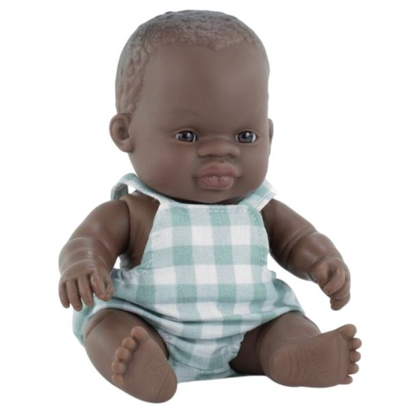 Papusa bebelus baiat african cu salopeta pepit My Friends & Me, 21 cm, 10 luni+, Miniland