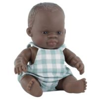 Papusa bebelus baiat african cu salopeta pepit My Friends & Me, 21 cm, 10 luni+, Miniland