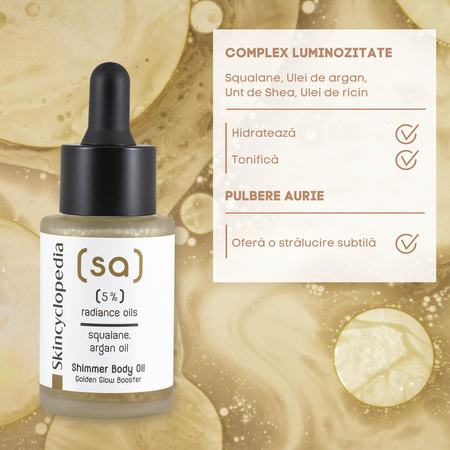 Ulei de corp iluminator 5 uleiuri nutritive si particule fine aurii, 30 ml, Skincyclopedia 728914