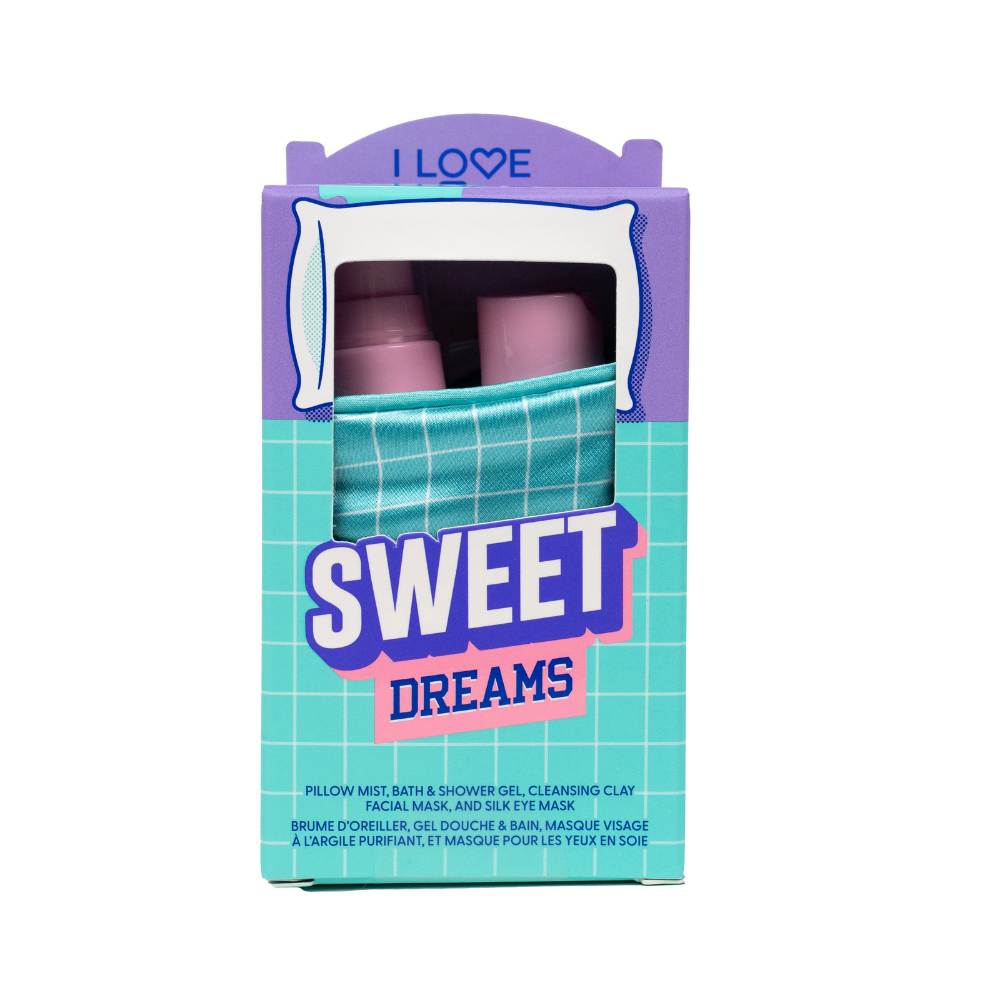 Set gel de baie 40ml + Spray pentru perna 40ml +Masca de fata cu argila 10g + Masca pentru somn Sweet Dreams, I Love
