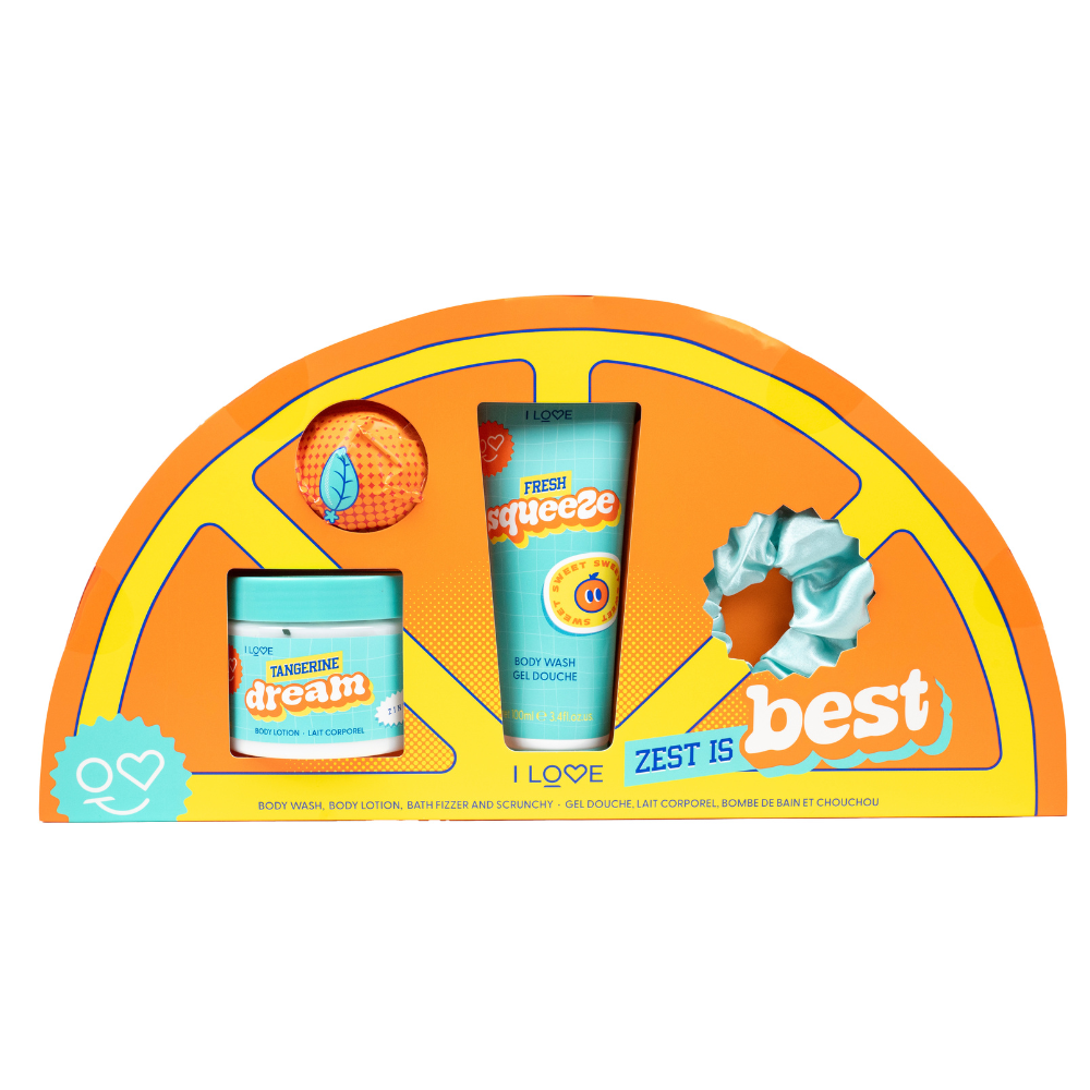 Set Gel de dus 100ml + Lotiune de corp 150ml + Bomba de baie efervescenta 50g + Elastic de par Zest is Best, I Love