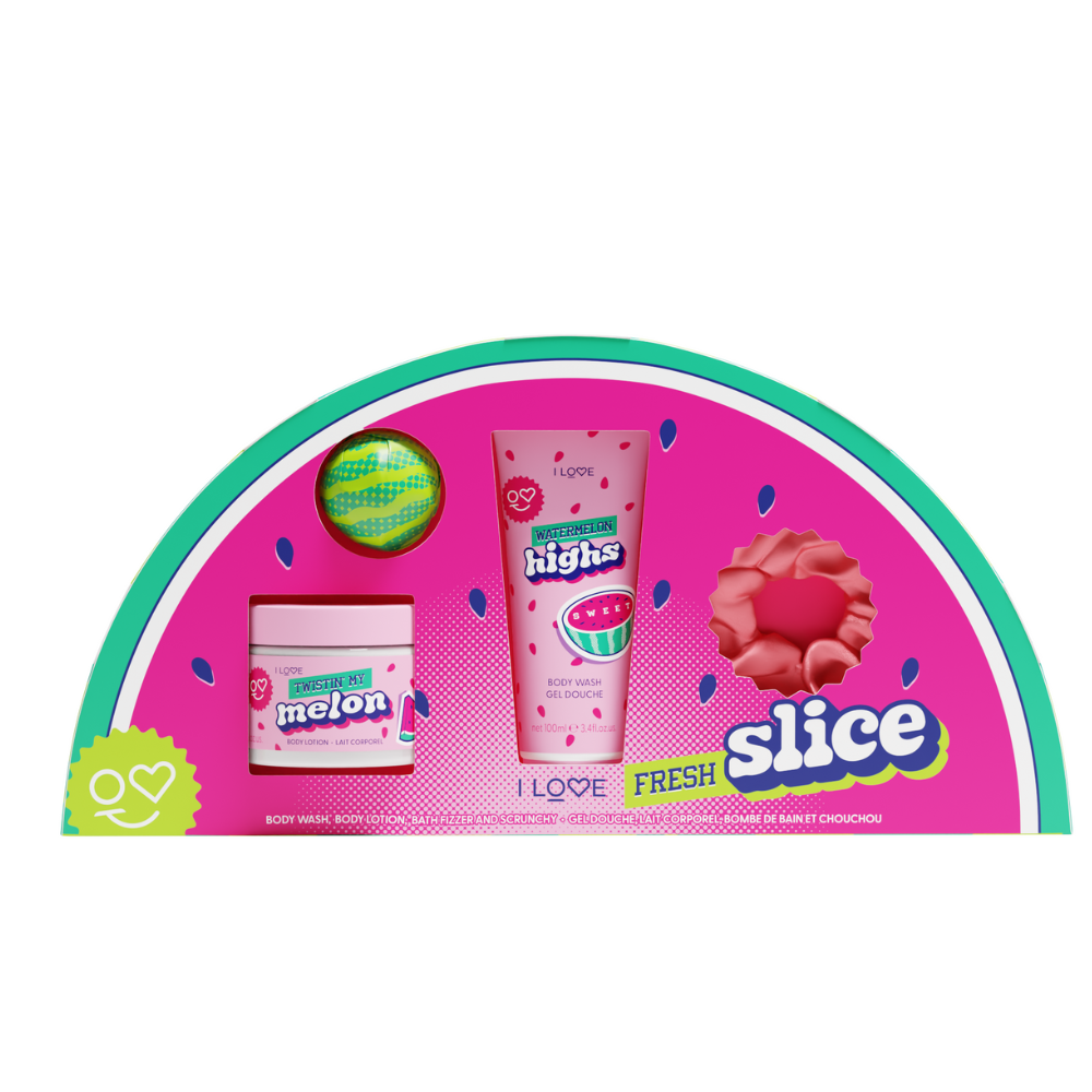 Set Gel de dus 100ml +Lotiune de corp 150ml + Bomba de baie efervescenta 50g + Elastic de par Fresh Slice, I Love