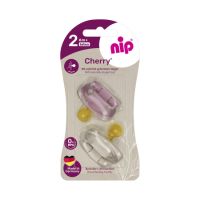 Set 2 suzete cu tetina rotunda din latex natural si inel Cherry, Girl, 6 luni+, Nip