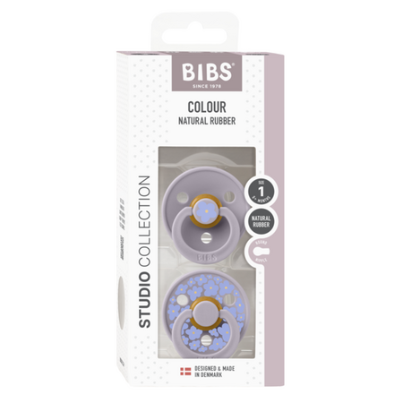 Set 2 suzete din latex cu tetina rotunda Colour Studio, Fossil Grey, Flower, 0 luni+, Bibs 729929