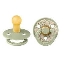 Set 2 suzete din latex cu tetina rotunda Colour Studio, Sage, Flower, 0 luni+, Bibs