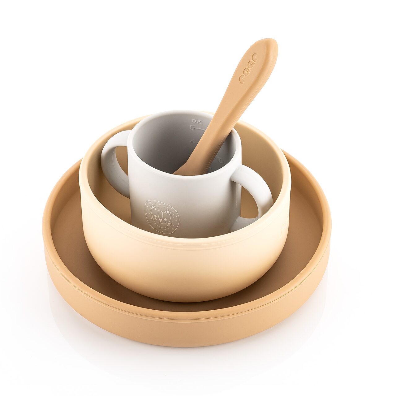 Set 4 piese vesela din silicon pentru mancarea copiilor, Bej, + 6 luni, Reer
