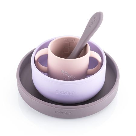 Set 4 piese vesela din silicon pentru mancarea copiilor, Mov, 6 luni+, Reer