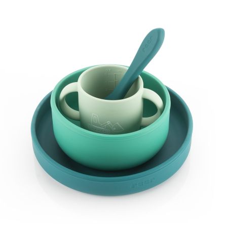 Set 4 piese vesela din silicon pentru mancarea copiilor, Verde, 6 luni+, Reer
