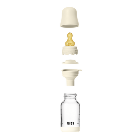 Set complet Biberon anticolici din sticla Boheme 120 ml cu Tetina din latex flux lent, 0 luni+, Ivory, Bibs 730147