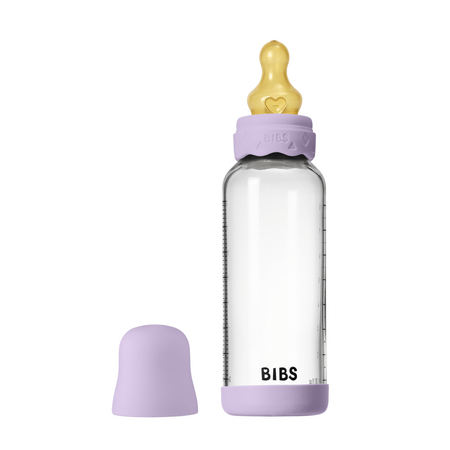 Set complet Biberon anticolici din sticla Boheme 240 ml cu Tetina din latex flux mediu, Violet Sky, Bibs