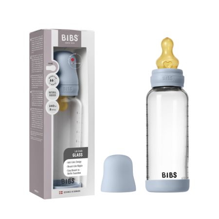 Set complet Biberon anticolici din sticla 240 ml cu Tetina din latex flux mediu, Baby Blue, Bibs 730167