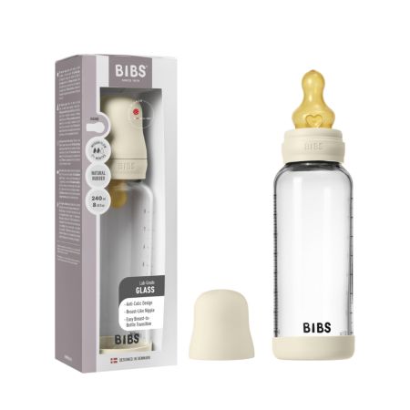 Set complet Biberon anticolici din sticla 240 ml cu Tetina din latex flux mediu, Ivory, Bibs 730173