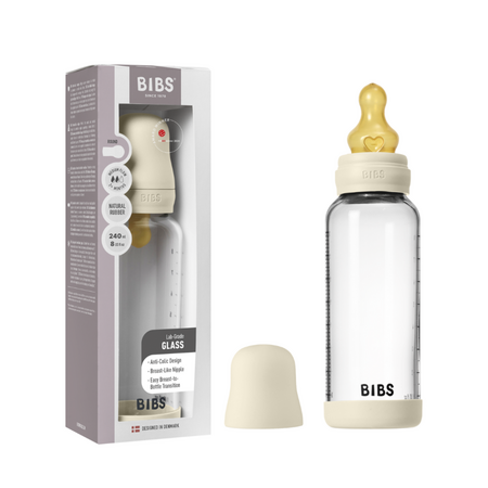 Set complet Biberon anticolici din sticla 240 ml cu Tetina din latex flux mediu, Ivory, Bibs 730173