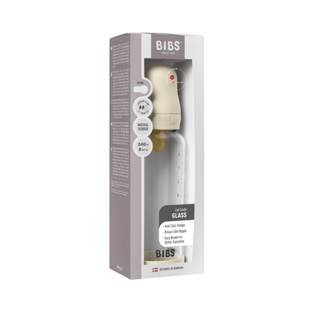 Set complet Biberon anticolici din sticla 240 ml cu Tetina din latex flux mediu, Ivory, Bibs 730172