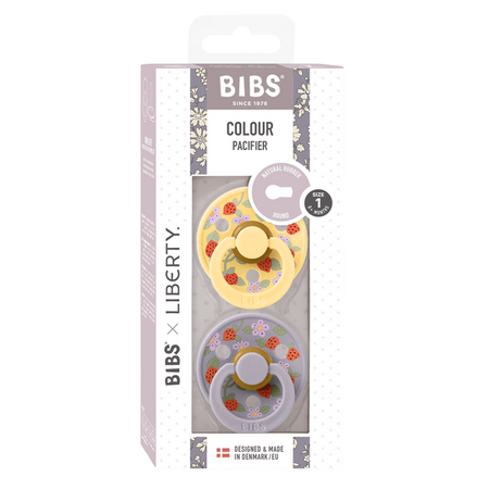 Set 2 suzete din latex Colour cu tetina rotunda Bibs x Liberty, Pale Butter/Fossil Grey, Strawberries and Cream, 0 luni+, Bibs 730217