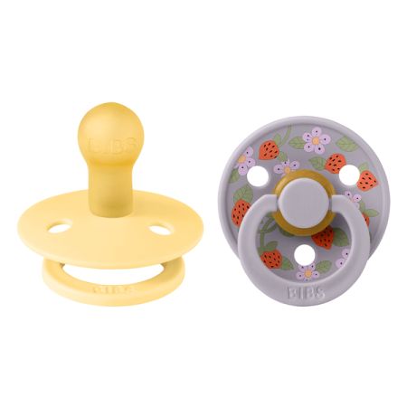 Set 2 suzete din latex Colour cu tetina rotunda Bibs x Liberty, Pale Butter/Fossil Grey, Strawberries and Cream, 0 luni+, Bibs 730216