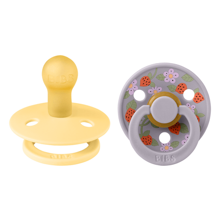 Set 2 suzete din latex Colour cu tetina rotunda Bibs x Liberty, Pale Butter/Fossil Grey, Strawberries and Cream, 0 luni+, Bibs 730216