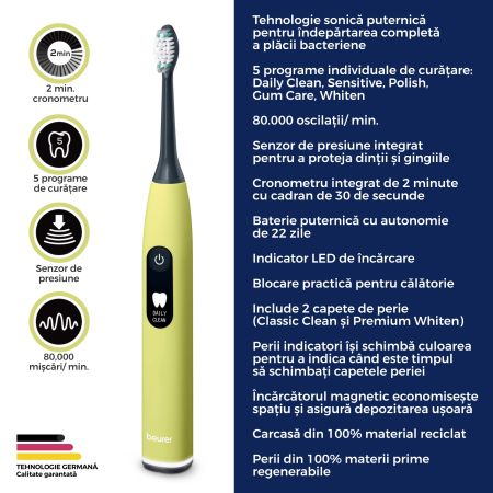 Periuta de dinti electrica sonica, Splashy Lemon, SC 50, Beurer 730313