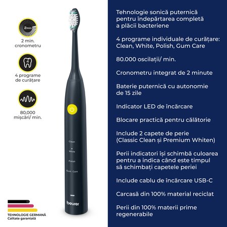 Periuta de dinti electrica sonica, Jet Black, SC 30, Beurer 730325