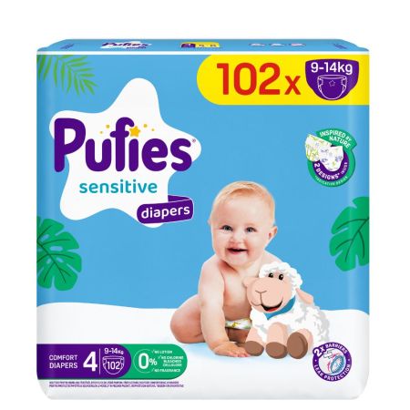 Scutece de schimb Mega Maxi Sensitive, Nr. 4, 9-14 kg, 102 buc, Pufies