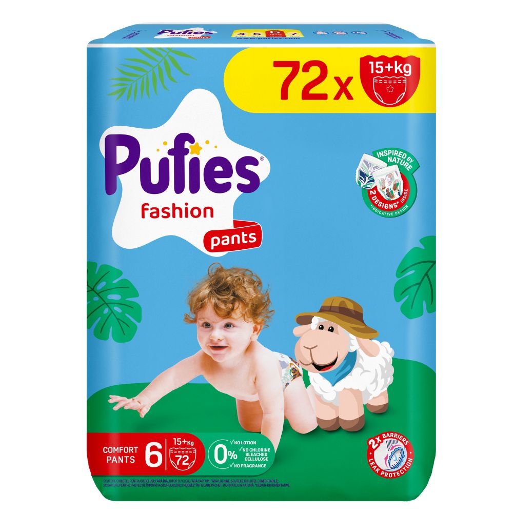 Scutece chilotel Mega XL Fashion, Nr. 6, 15+ kg, 72 buc, Pufies