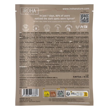 Masca faciala anti-pete pigmentare cu Acid Tranexamic, 25 ml, Iroha 730670