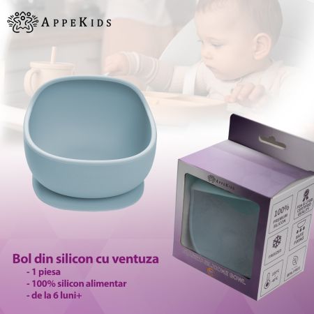Bol din silicon cu ventuza Classic, Aqua Blue, 6 luni+, Appekids 731190