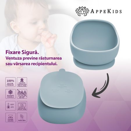 Bol din silicon cu ventuza Classic, Aqua Blue, 6 luni+, Appekids 731189