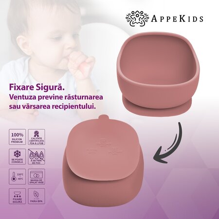 Bol din silicon cu ventuza Classic, Old Rose, 6 luni+, Appekids 731202