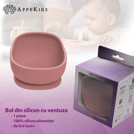 Bol din silicon cu ventuza Classic, Old Rose, 6 luni+, Appekids 731203
