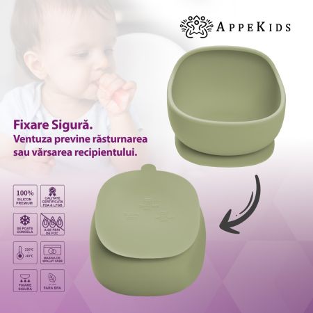 Bol din silicon cu ventuza Classic, Raw Green, 6 luni+, Appekids 731219