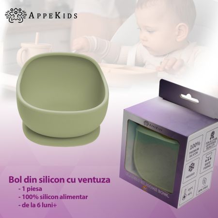 Bol din silicon cu ventuza Classic, Raw Green, 6 luni+, Appekids 731220