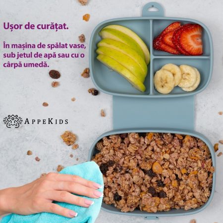Caserola compartimentata din silicon cu ventuza Magic Box, Aqua Blue, 6 luni+, Appekids 731250