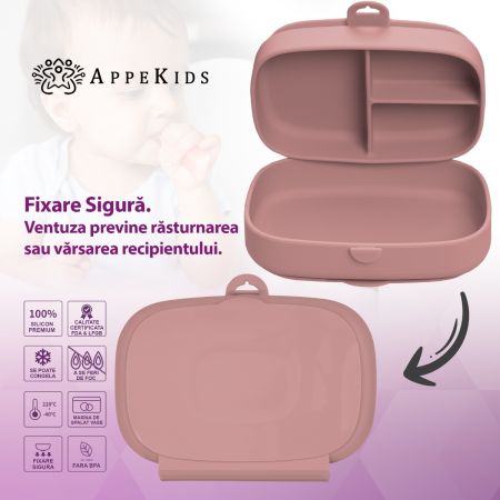 Caserola compartimentata din silicon cu ventuza Magic Box, Old Rose, 6 luni+, Appekids 731281