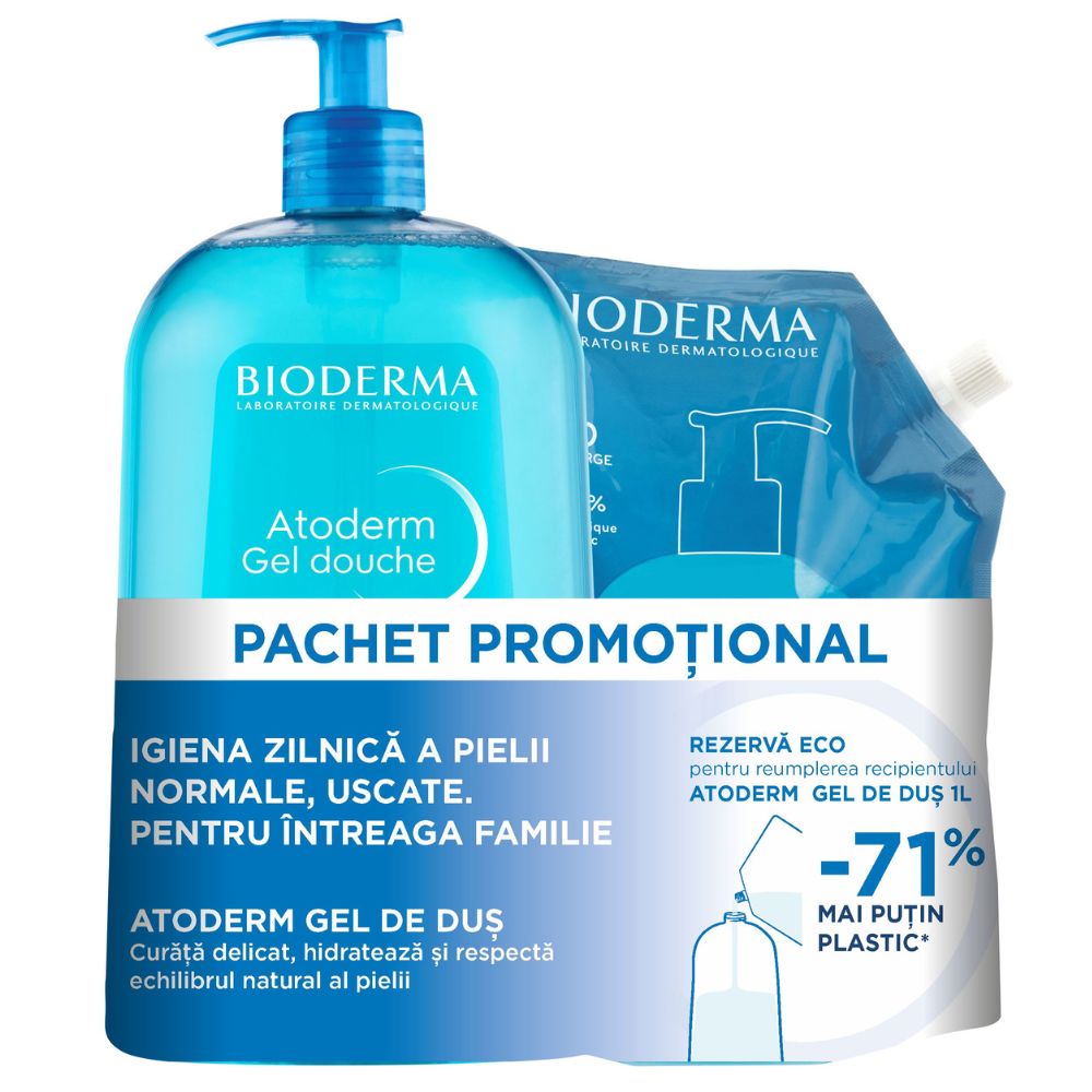 Pachet Gel de dus si rezerva Atoderm, 2 x 1000 ml, Bioderma