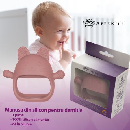 Jucarie pentru dentitie din silicon, Old Rose, Manusa Kitty, 3 luni+, Appekids 731519
