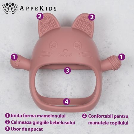 Jucarie pentru dentitie din silicon, Old Rose, Manusa Kitty, 3 luni+, Appekids 731518