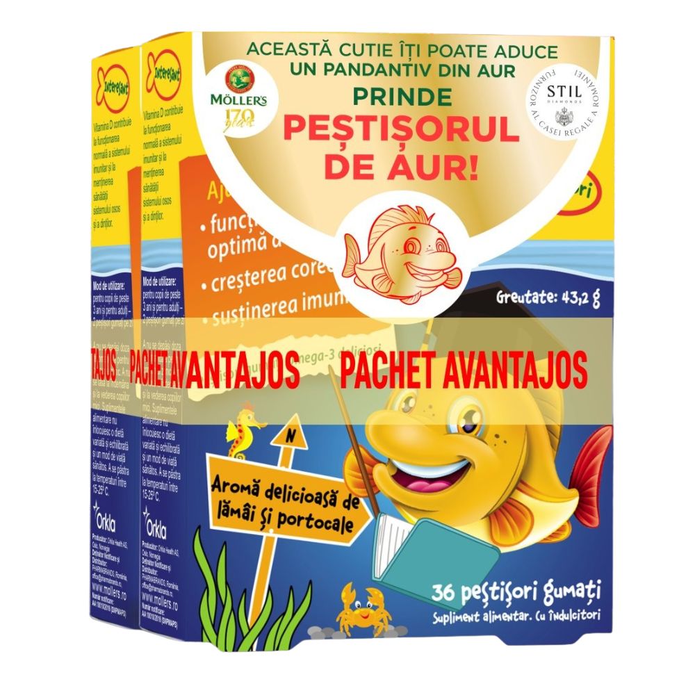 Pachet Pestisori gumati cu Omega 3 si aroma de lamai si portocale, 2 x36 jeleuri, Moller's