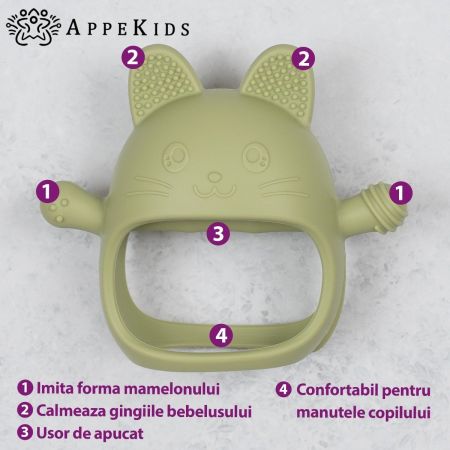 Jucarie pentru dentitie din silicon, Raw Green, Manusa Kitty, 3 luni+, Appekids 731536