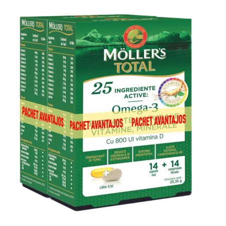Pachet Omega 3 Vitamine Minerale si Ginseng, 28 casule+ 28 tablete, Moller`s Total