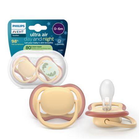 Suzete fosforescente Ultra Air, galben, 0-6 luni, SCF087/09, 2 buc, Philips Avent