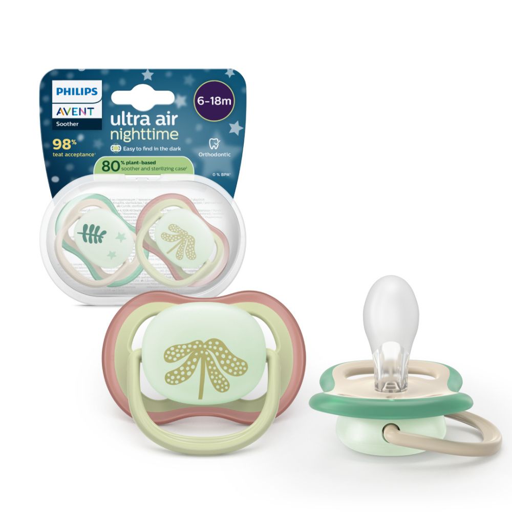 Suzete fosforescente Ultra Air, Plante, 6-18 luni, SCF376/31, 2 buc, Philips Avent