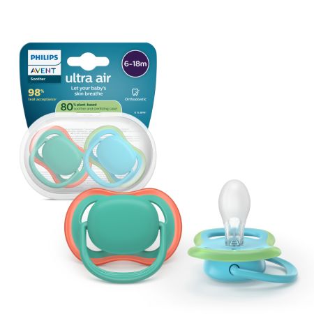 Suzeta Ultra Air Pacifier Philips Avent, Albastru/Verde, 6-18 luni, SCF087/10, 2 bucati, Philips