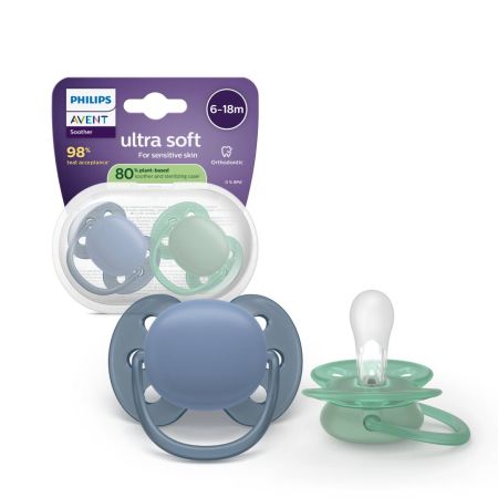 Suzeta Ultra Soft Pacifier Philips Avent, Albastru/Verde, 6-18 luni, SCF091/42, 2 bucati, Philips